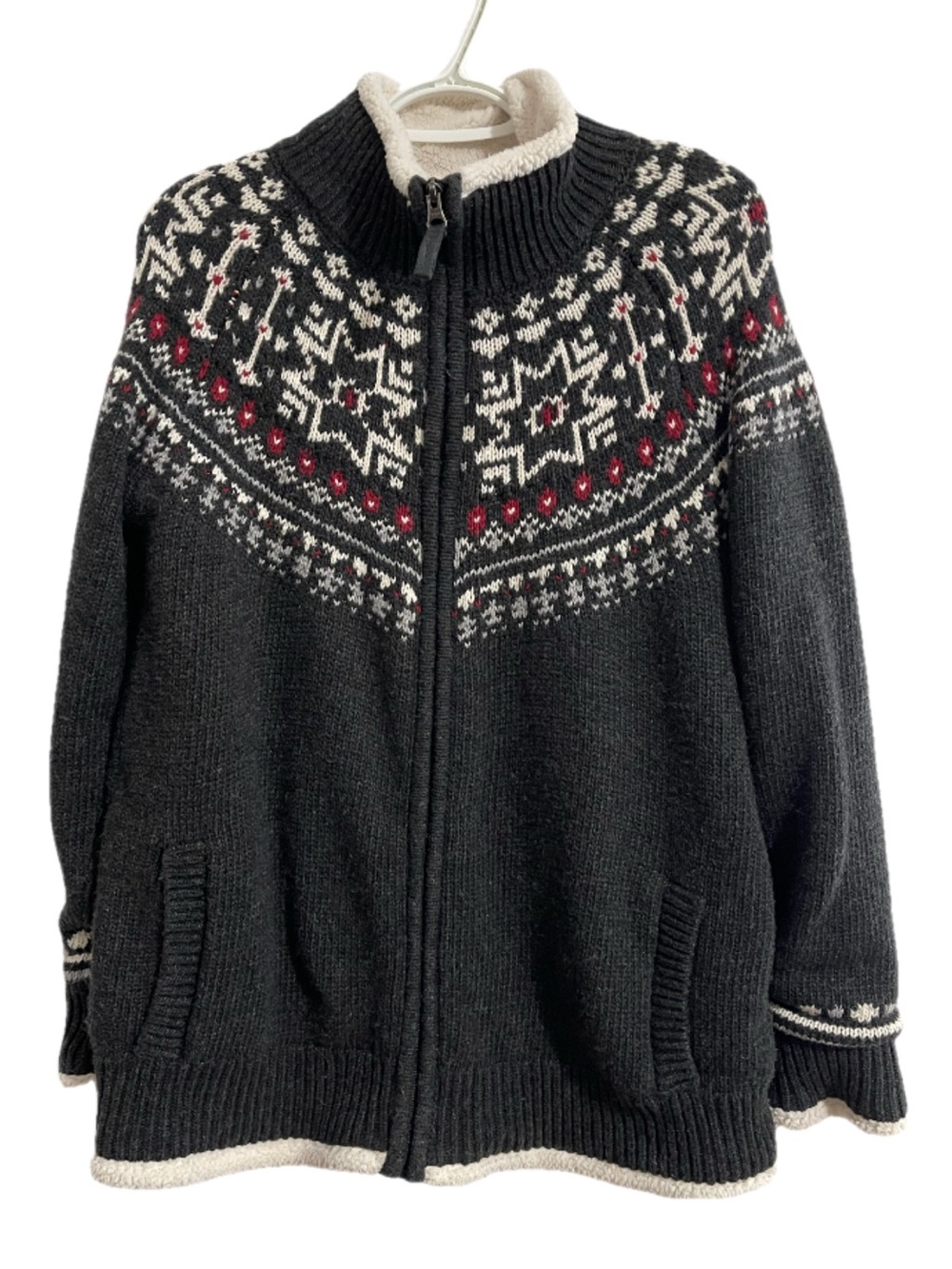 Sunice Charcoal Fair Isle Zip-Up Sweater with Lining.